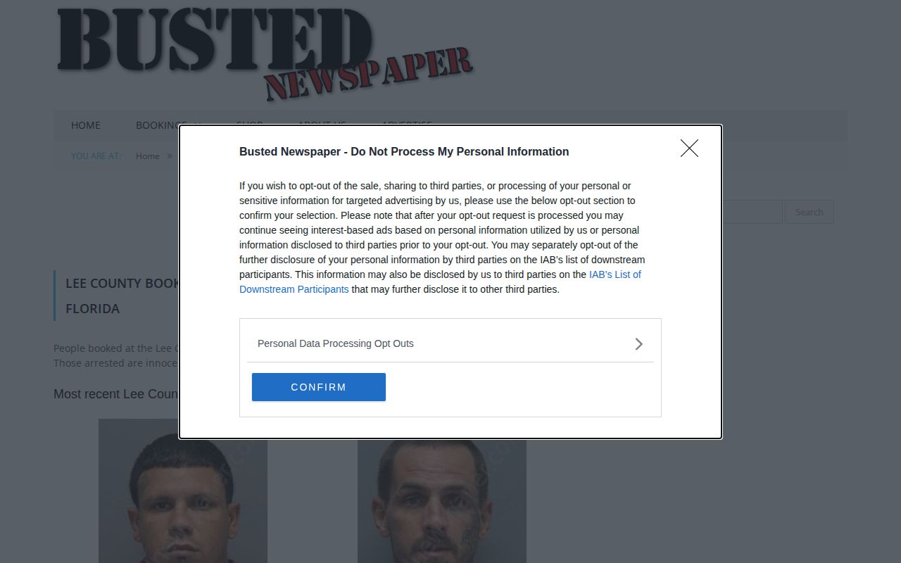 Unofficial BustedNewspaper Lee County archive page and dated pagination structure