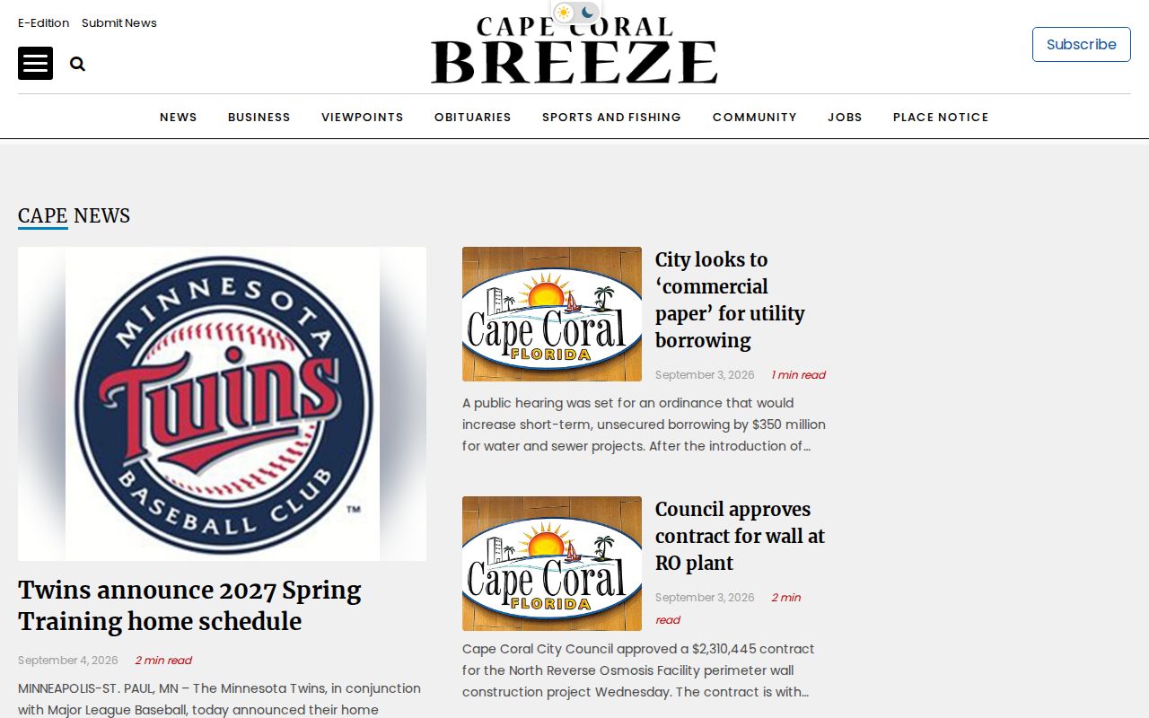 Cape Coral Breeze local news page showing regional Lee County coverage